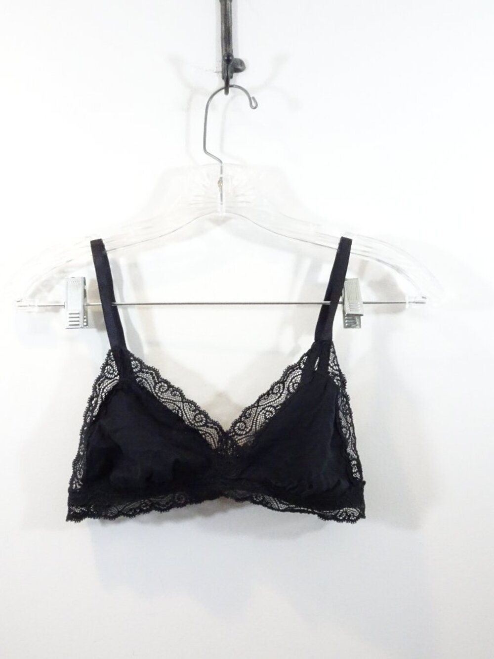 Hanro Bra XS Black Cotton Blend WIRE & PADDING FREE Lace Trim
